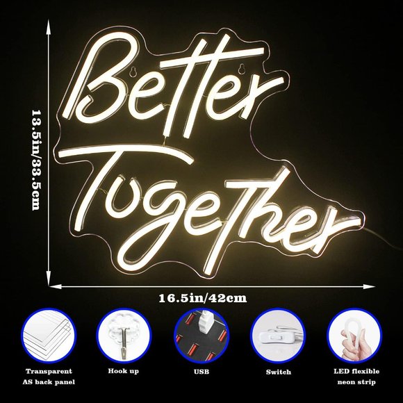 Better Together Neon Sign Wedding Anniversary Dating Couple Bedroom Wall Light - Picture 7 of 8